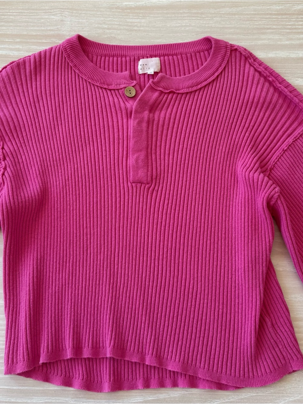 Bright Pink Ribbed Knit Henley Top